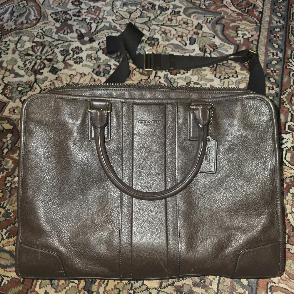 Coach Heritage Web Slim Briefcase #1171 Dark Brown Leather Briefcase